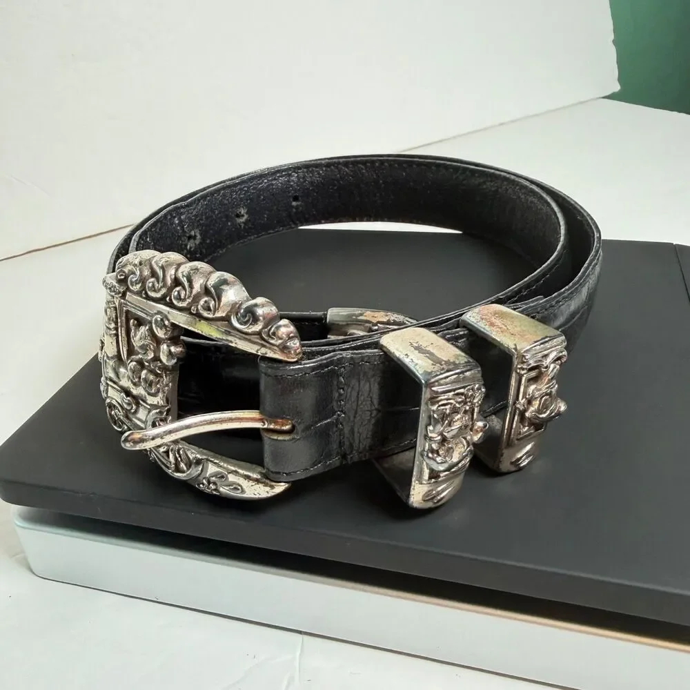 Brighton Disney Mickey Train Conductor Black Leather Belt Silver Tone Size 30